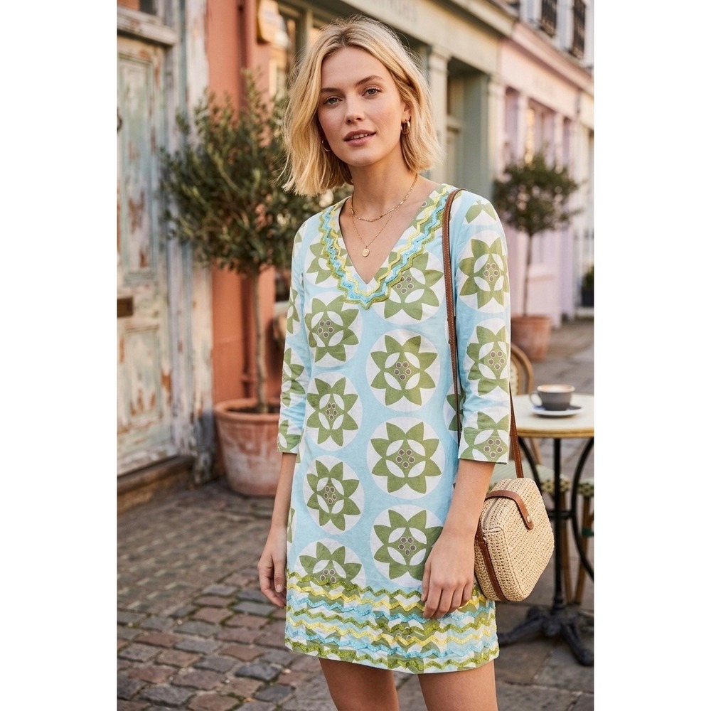 Boden Light Blue and Olive Green Floral Mini Dress
